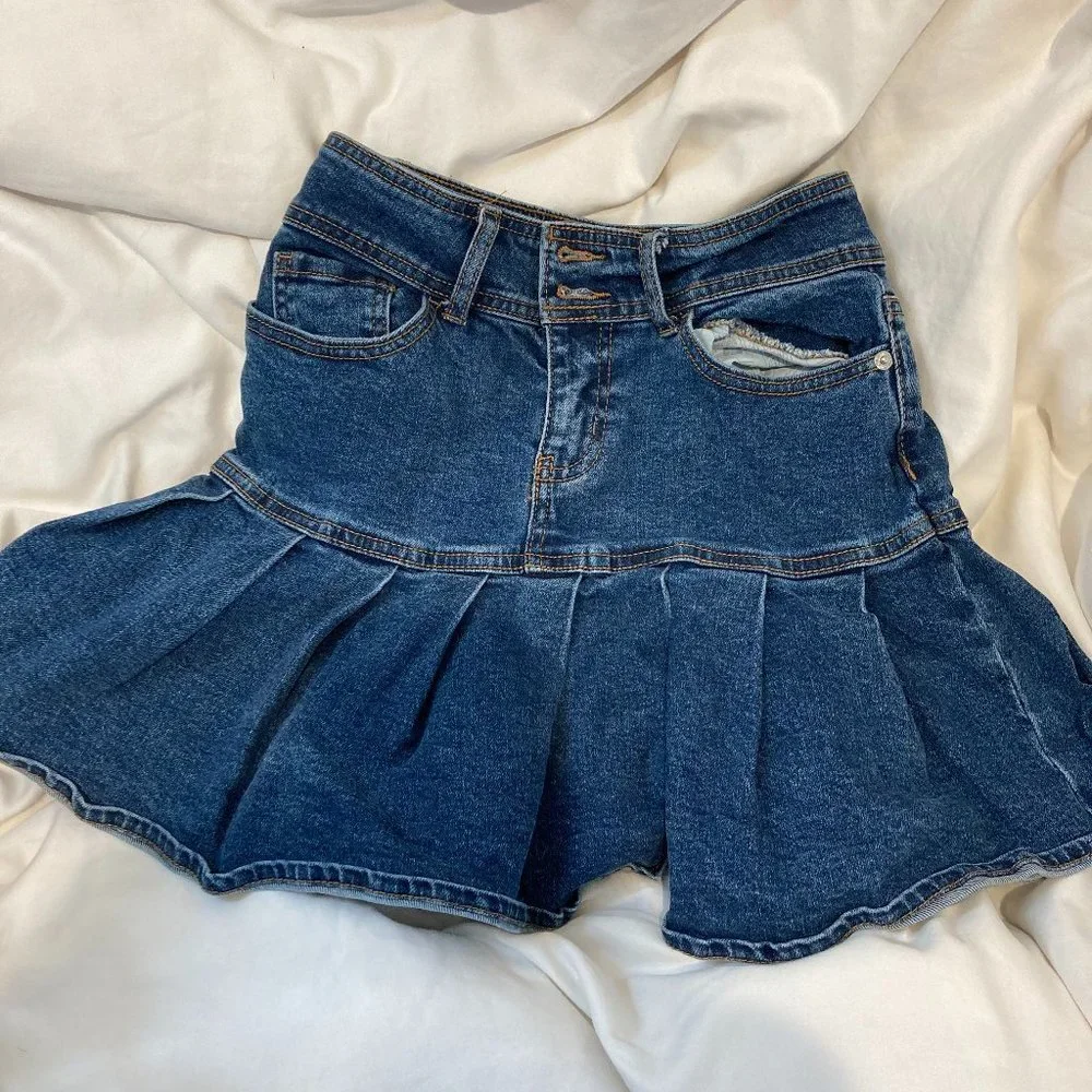 Jean pleated flared mini skirt - Picture 1 of 3